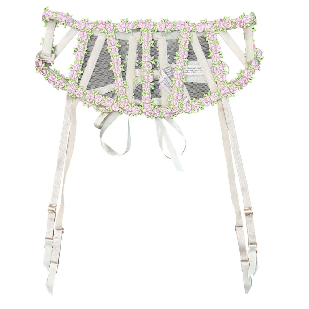 Victoria's Secret Floral Embroidered Garter Belt XS/S Cream Pink Green‎ New